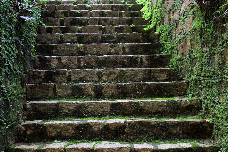 Treppenarten im Garten und Treppe berechnen: Die Stufen dieser Treppe sind recht hoch, höher als 15 cm bestimmt.